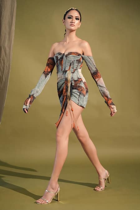 Buy_Nikita Mhaisalkar_Blue Georgette Sequins Collared Butterfly Print Corset Top _Online_at_Aza_Fashions