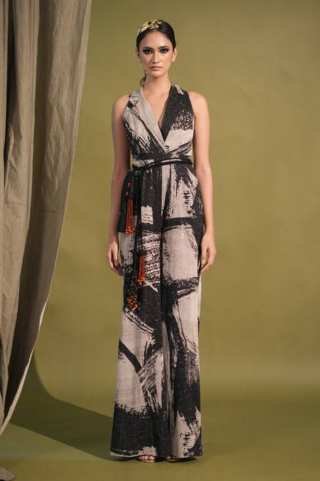 Nikita Mhaisalkar_Black Georgette Sequins V-neck Brush Stroke Print Drape Jumpsuit _Online_at_Aza_Fashions