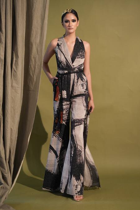 Shop_Nikita Mhaisalkar_Black Georgette Sequins V-neck Brush Stroke Print Drape Jumpsuit _Online_at_Aza_Fashions