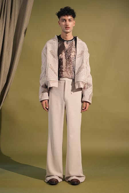 Nikita Mhaisalkar_Grey Lace Embroidery Thread Bomber Jacket _Online_at_Aza_Fashions