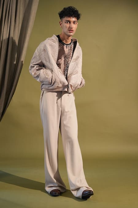 Buy_Nikita Mhaisalkar_Grey Lace Embroidery Thread Bomber Jacket _Online_at_Aza_Fashions