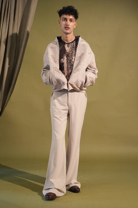 Shop_Nikita Mhaisalkar_Grey Lace Embroidery Thread Bomber Jacket _Online_at_Aza_Fashions
