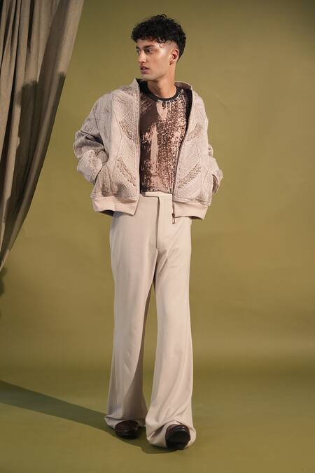 Nikita Mhaisalkar_Grey Lace Embroidery Thread Bomber Jacket _at_Aza_Fashions