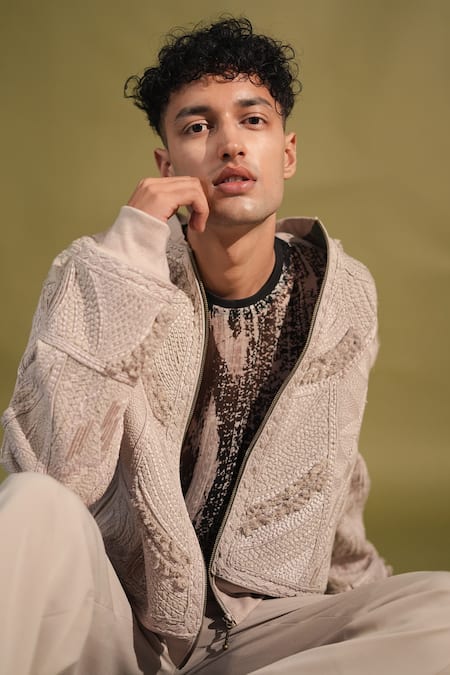 Buy_Nikita Mhaisalkar_Grey Lace Embroidery Thread Bomber Jacket 