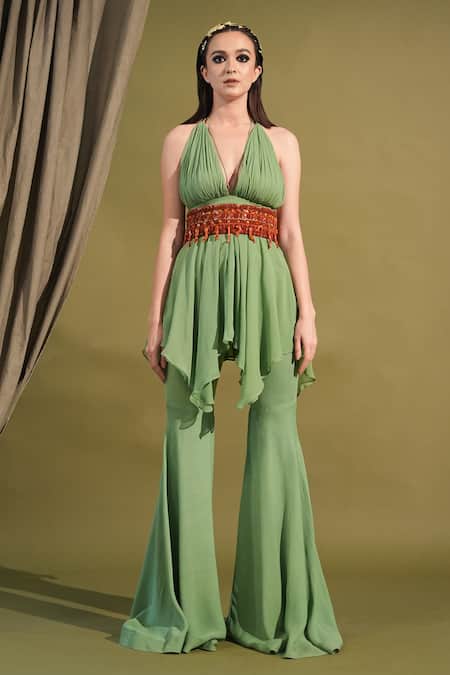 Nikita Mhaisalkar_Green Georgette Beads Halter Neck Peplum Top And Bell Bottom Pant Set _Online_at_Aza_Fashions