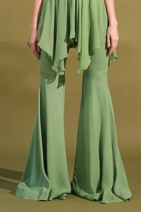 Buy_Nikita Mhaisalkar_Green Georgette Beads Halter Neck Peplum Top And Bell Bottom Pant Set _Online_at_Aza_Fashions