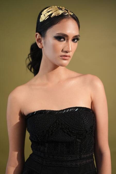 Shop_Nikita Mhaisalkar_Black Lace Embroidery Bandeau Neck Cosmic Thread Embellished Tube Dress _Online_at_Aza_Fashions