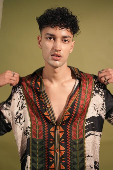 Shop_Nikita Mhaisalkar_Black , Satin Abstract Print Shirt With Pant _Online_at_Aza_Fashions