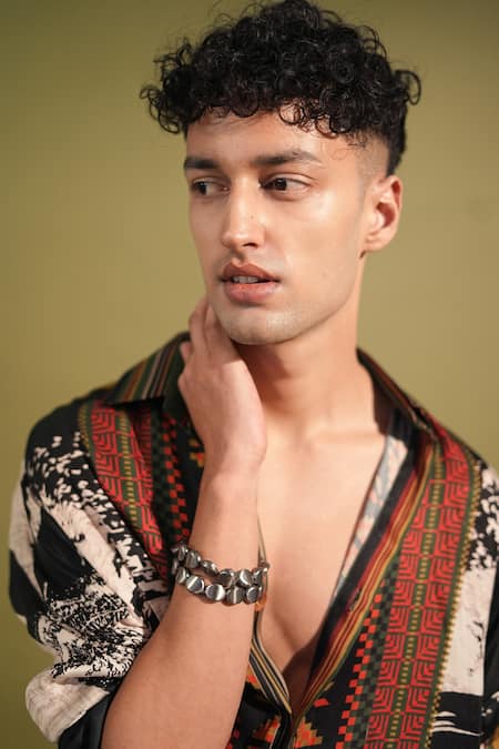 Nikita Mhaisalkar_Black , Satin Abstract Print Shirt With Pant _at_Aza_Fashions