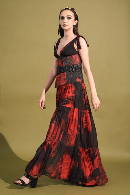 Nikita Mhaisalkar_Red Georgette Beads, Sequins Plunge Neck Stroke Print Tiered Gown _Online_at_Aza_Fashions
