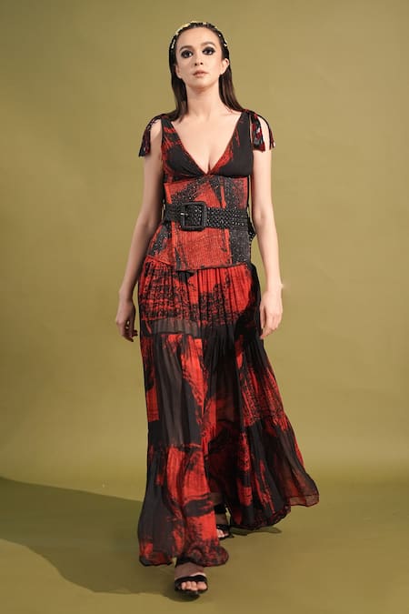 Buy_Nikita Mhaisalkar_Red Georgette Beads, Sequins Plunge Neck Stroke Print Tiered Gown _Online_at_Aza_Fashions