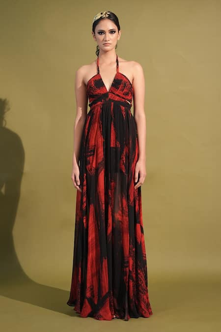 Nikita Mhaisalkar_Red Chiffon Embroidery Halter Neck Stroke Print High Slit Dress _Online_at_Aza_Fashions