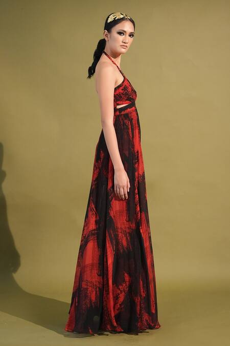 Buy_Nikita Mhaisalkar_Red Chiffon Embroidery Halter Neck Stroke Print High Slit Dress _Online_at_Aza_Fashions