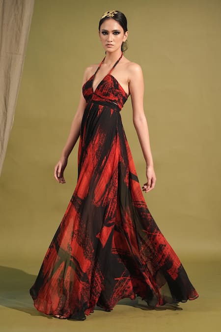 Shop_Nikita Mhaisalkar_Red Chiffon Embroidery Halter Neck Stroke Print High Slit Dress _Online_at_Aza_Fashions
