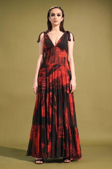 Buy_Nikita Mhaisalkar_Red Georgette Beads, Cut Work Plunge Neck Tiered Stroke Print Gown _Online_at_Aza_Fashions