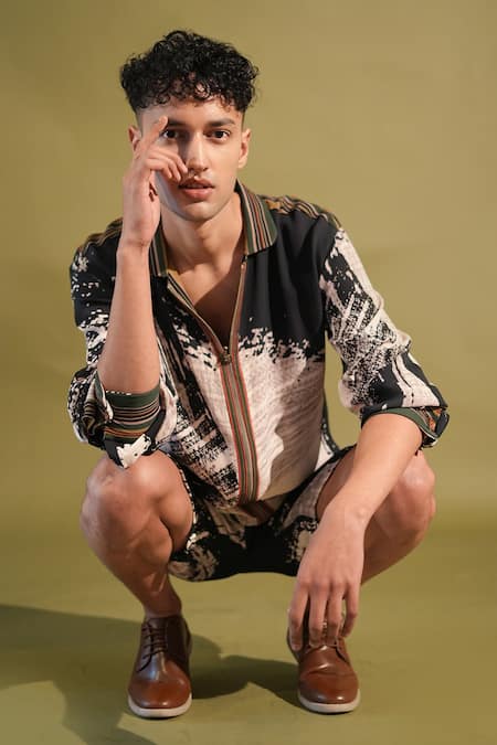 Nikita Mhaisalkar Black Georgette Brush Stroke Print Shirt With Shorts at Aza Fashions Nikita Mhaisalkar_Black Georgette Brush Stroke Print Shirt With Shorts _at_Aza_Fashions