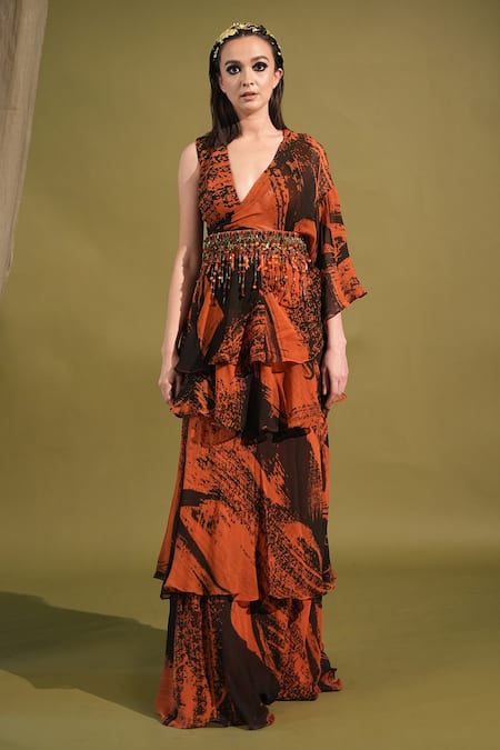 Nikita Mhaisalkar_Orange Georgette Beads, Stones, Tassels Stroke Print Ruffle Saree And Blouse Set _Online_at_Aza_Fashions