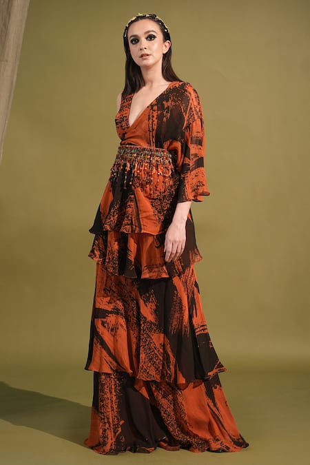 Buy_Nikita Mhaisalkar_Orange Georgette Beads, Stones, Tassels Stroke Print Ruffle Saree And Blouse Set _Online_at_Aza_Fashions