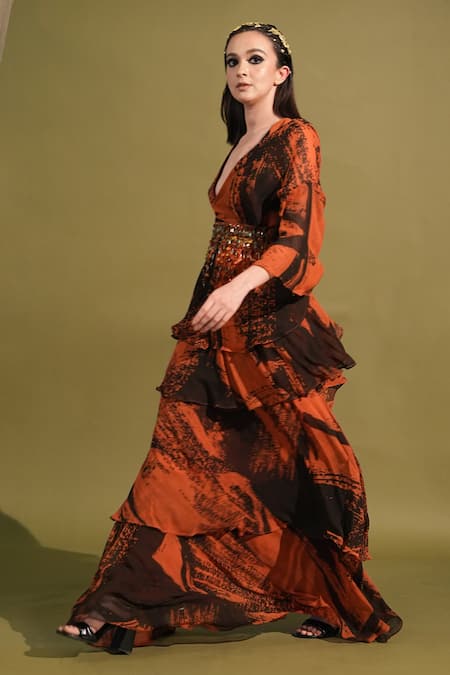 Shop_Nikita Mhaisalkar_Orange Georgette Beads, Stones, Tassels Stroke Print Ruffle Saree And Blouse Set _Online_at_Aza_Fashions