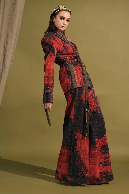 Nikita Mhaisalkar_Red Georgette Beads, Sequins Stroke Print Blazer And Pant Set _Online_at_Aza_Fashions