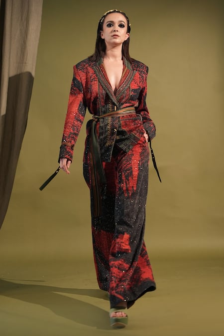 Buy_Nikita Mhaisalkar_Red Georgette Beads, Sequins Stroke Print Blazer And Pant Set _Online_at_Aza_Fashions