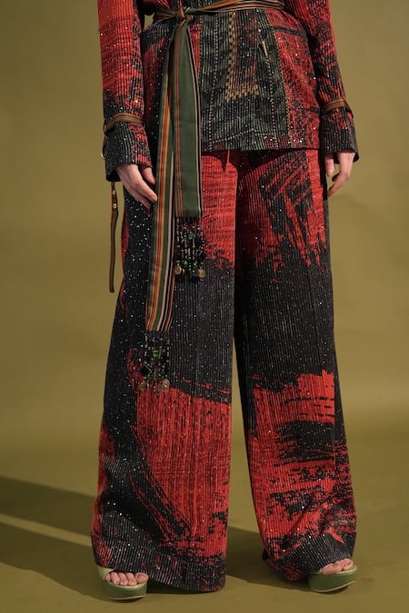Shop_Nikita Mhaisalkar_Red Georgette Beads, Sequins Stroke Print Blazer And Pant Set _Online_at_Aza_Fashions