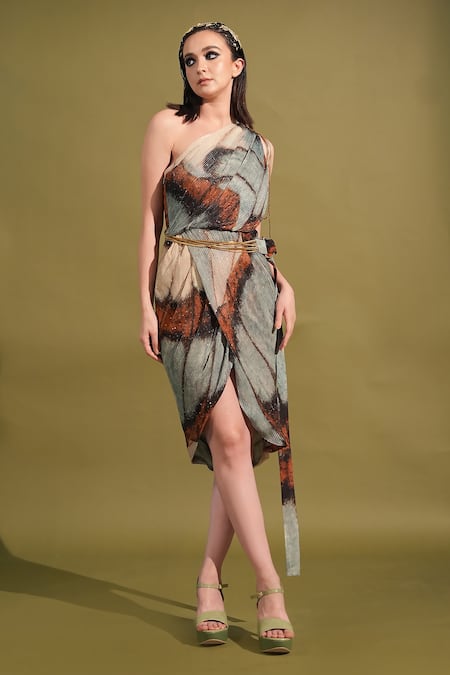 Nikita Mhaisalkar Blue Georgette Sequins One Butterfly Print And Embroidered Dress With Belt Online at Aza Fashions Nikita Mhaisalkar_Blue Georgette Sequins One Butterfly Print And Embroidered Dress With Belt _Online_at_Aza_Fashions