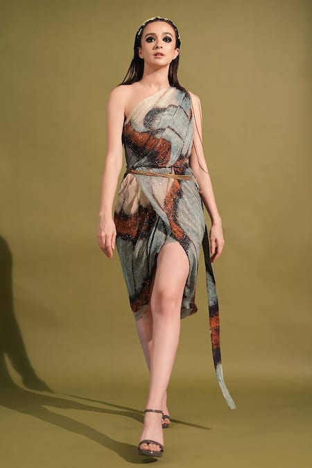 Buy Nikita Mhaisalkar Blue Georgette Sequins One Butterfly Print And Embroidered Dress With Belt Online at Aza Fashions Buy_Nikita Mhaisalkar_Blue Georgette Sequins One Butterfly Print And Embroidered Dress With Belt _Online_at_Aza_Fashions