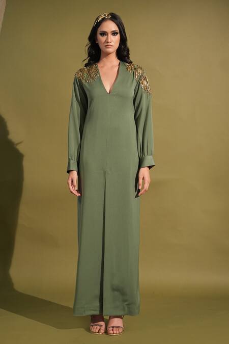 Nikita Mhaisalkar Green Lurex, Polyester Embroidery V-neck Sleeve Embellished Slit Dress Online at Aza Fashions Nikita Mhaisalkar_Green Lurex, Polyester Embroidery V-neck Sleeve Embellished Slit Dress _Online_at_Aza_Fashions