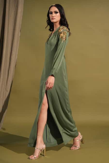 Buy Nikita Mhaisalkar Green Lurex, Polyester Embroidery V-neck Sleeve Embellished Slit Dress Online at Aza Fashions Buy_Nikita Mhaisalkar_Green Lurex, Polyester Embroidery V-neck Sleeve Embellished Slit Dress _Online_at_Aza_Fashions