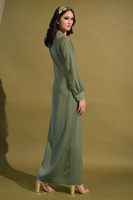Shop Nikita Mhaisalkar Green Lurex, Polyester Embroidery V-neck Sleeve Embellished Slit Dress Online at Aza Fashions Shop_Nikita Mhaisalkar_Green Lurex, Polyester Embroidery V-neck Sleeve Embellished Slit Dress _Online_at_Aza_Fashions