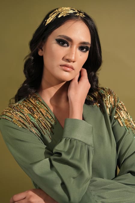 Nikita Mhaisalkar Green Lurex, Polyester Embroidery V-neck Sleeve Embellished Slit Dress at Aza Fashions Nikita Mhaisalkar_Green Lurex, Polyester Embroidery V-neck Sleeve Embellished Slit Dress _at_Aza_Fashions