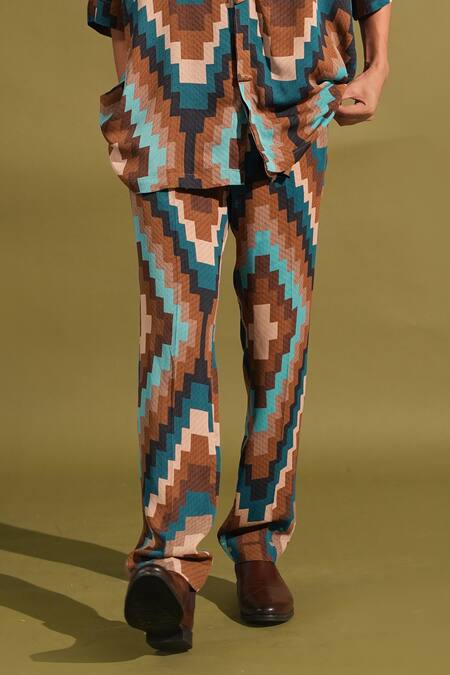 Nikita Mhaisalkar_Blue Georgette Turquoise Abstract Grid Print Shirt And Pant Set _Online_at_Aza_Fashions