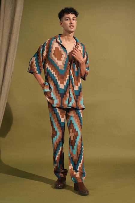 Buy_Nikita Mhaisalkar_Blue Georgette Turquoise Abstract Grid Print Shirt And Pant Set _Online_at_Aza_Fashions