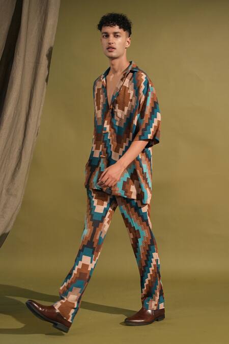 Shop_Nikita Mhaisalkar_Blue Georgette Turquoise Abstract Grid Print Shirt And Pant Set _Online_at_Aza_Fashions