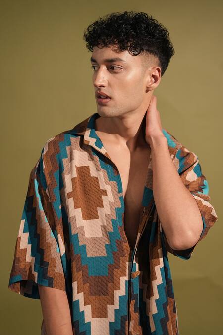 Nikita Mhaisalkar_Blue Georgette Turquoise Abstract Grid Print Shirt And Pant Set _at_Aza_Fashions