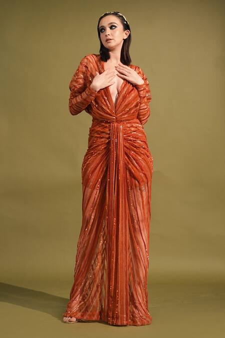Nikita Mhaisalkar_Orange Tulle Sequins V-neck Embellished And Draped Slit Maxi Dress _Online_at_Aza_Fashions