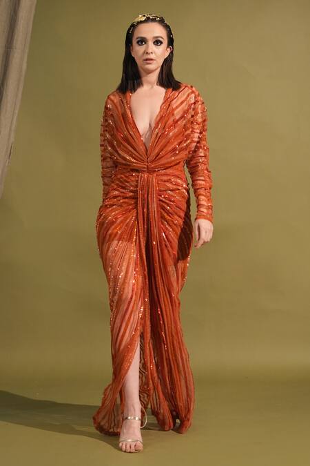 Buy_Nikita Mhaisalkar_Orange Tulle Sequins V-neck Embellished And Draped Slit Maxi Dress _Online_at_Aza_Fashions