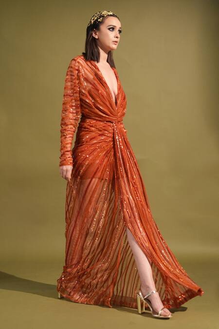 Shop_Nikita Mhaisalkar_Orange Tulle Sequins V-neck Embellished And Draped Slit Maxi Dress _Online_at_Aza_Fashions