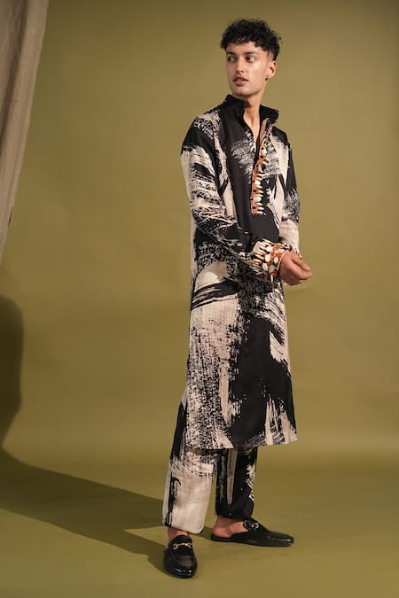 Nikita Mhaisalkar_Black Cotton Satin Beads Organic Abstract Print Kurta With Pant _Online_at_Aza_Fashions
