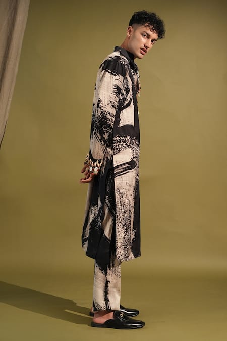 Buy_Nikita Mhaisalkar_Black Cotton Satin Beads Organic Abstract Print Kurta With Pant _Online_at_Aza_Fashions