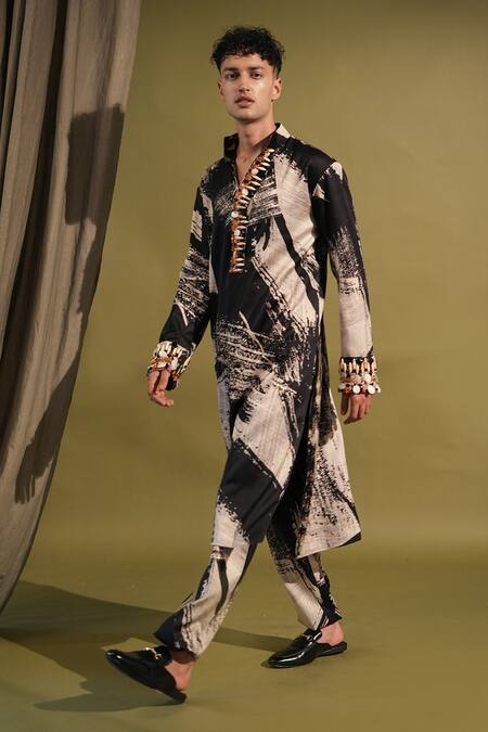 Shop_Nikita Mhaisalkar_Black Cotton Satin Beads Organic Abstract Print Kurta With Pant _Online_at_Aza_Fashions