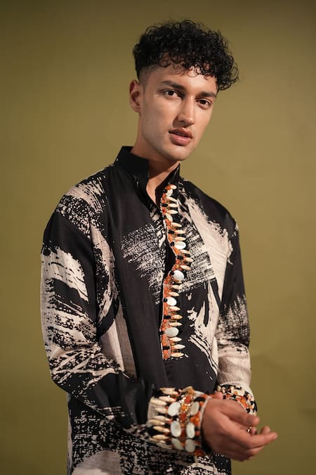 Nikita Mhaisalkar_Black Cotton Satin Beads Organic Abstract Print Kurta With Pant _at_Aza_Fashions