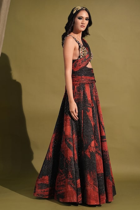 Buy_Nikita Mhaisalkar_Red Georgette Sequins, Stones Plunge Stroke Print Lehenga Saree And Blouse Set _Online_at_Aza_Fashions