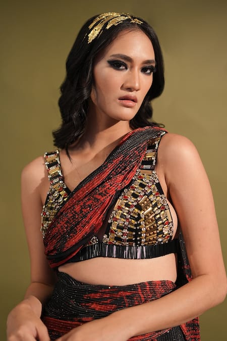 Nikita Mhaisalkar_Red Georgette Sequins, Stones Plunge Stroke Print Lehenga Saree And Blouse Set _at_Aza_Fashions