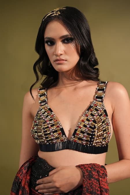 Buy_Nikita Mhaisalkar_Red Georgette Sequins, Stones Plunge Stroke Print Lehenga Saree And Blouse Set 