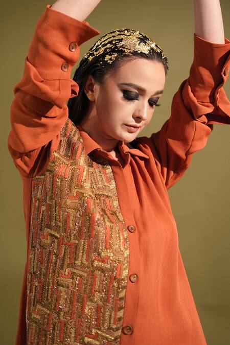 Nikita Mhaisalkar_Georgette Embroidery Collared Embellished Shirt Dress _at_Aza_Fashions