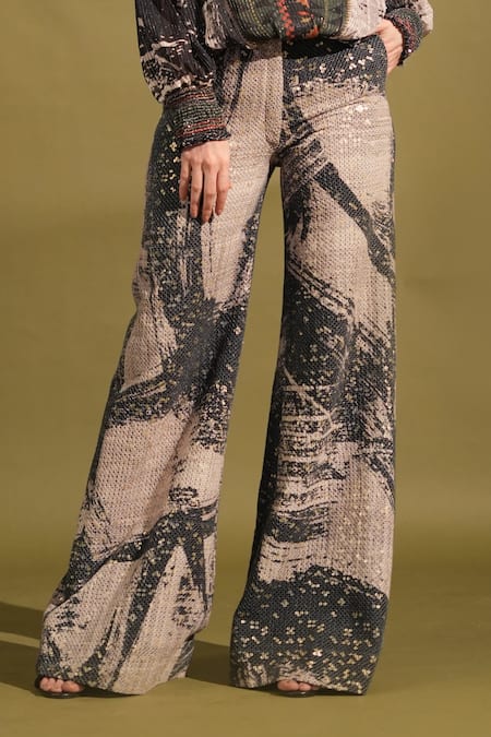 Shop_Nikita Mhaisalkar_Black Georgette Sequins Brush Stroke Print Broad Hem Pant _Online_at_Aza_Fashions