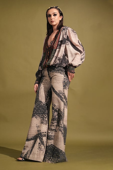 Nikita Mhaisalkar_Black Georgette Sequins Plunge Neck Brush Stripe Print Puff Sleeve Top _Online_at_Aza_Fashions