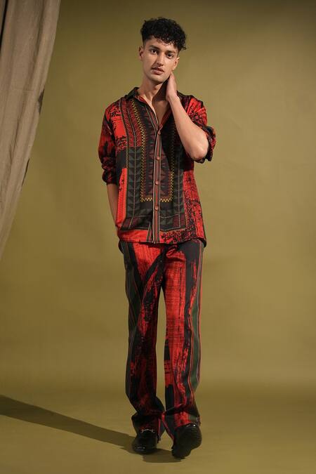 Nikita Mhaisalkar_Black Cotton , Cotton, Abstract And Brush Stroke Print Shirt With Pant _Online_at_Aza_Fashions